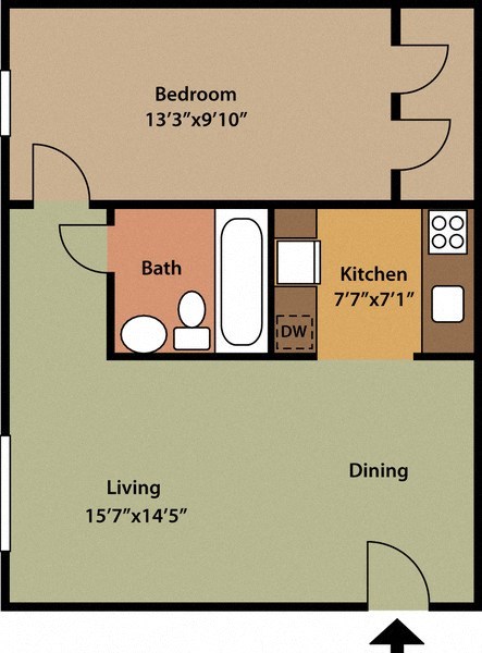 Floor plan for 1 bed, 1 bath, 600 sqft