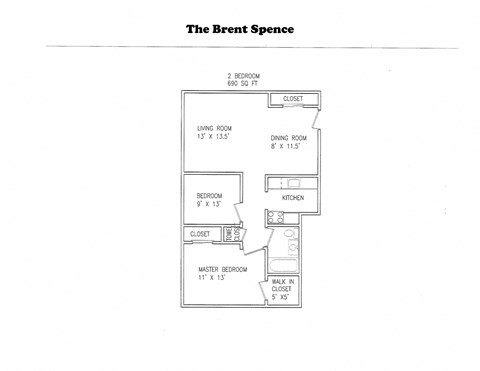 Floor plan for 2 beds, 1 bath, 690 sqft