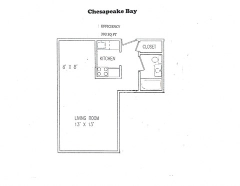 Floor plan for studio, 1 bath, 398 sqft