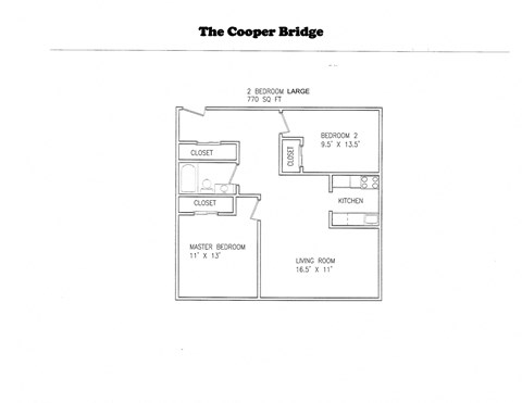 Floor plan for 2 beds, 1 bath, 770 sqft