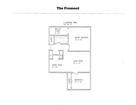 Floor plan for 2 beds, 1 bath, 727 sqft