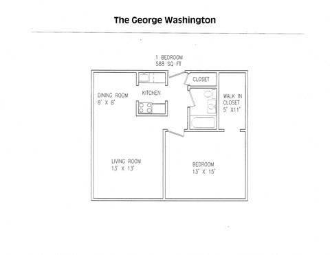 Floor plan for 1 bed, 1 bath, 598 sqft