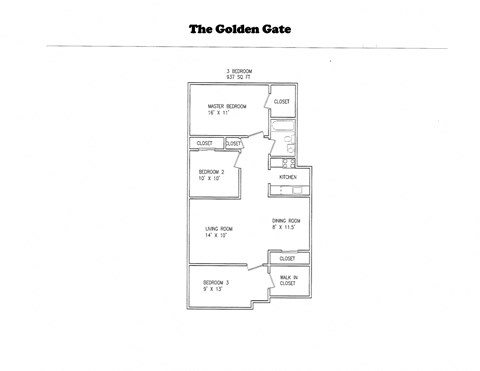 Floor plan for 3 beds, 1 bath, 937 sqft