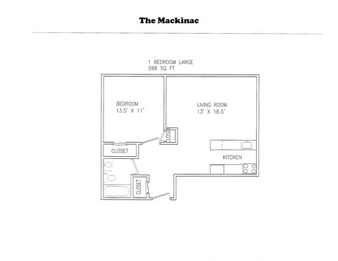 Floor plan for 1 bed, 1 bath, 598 sqft
