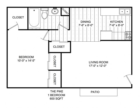 Floor plan for 1 bed, 1 bath, 600 sqft
