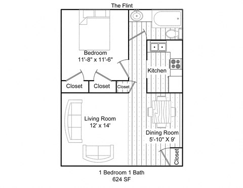 Floor plan for 1 bed, 1 bath, 600 sqft