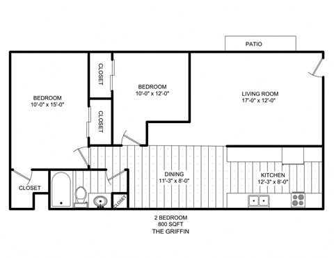 Floor plan for 2 beds, 1 bath, 800 sqft