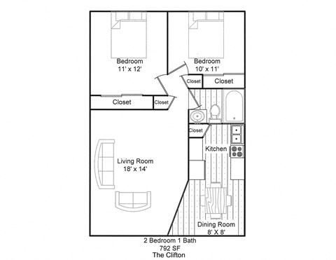 Floor plan for 2 beds, 1 bath, 800 sqft