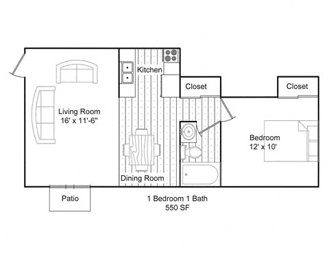 Floor plan for 1 bed, 1 bath, 550 sqft