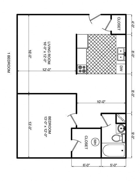 Floor plan for 1 bed, 1 bath, 600 sqft