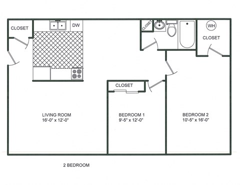 Floor plan for 2 beds, 1 bath, 940 sqft