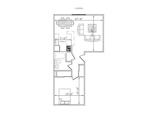 Floor plan for 1 bed, 650 sqft
