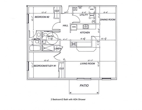 Floor plan for 2 beds, 1125 sqft