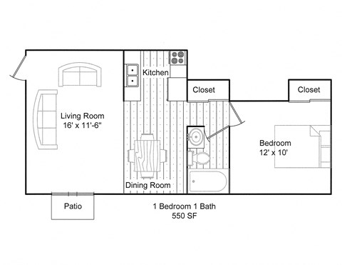 Floor plan for 1 bed, 1 bath, 550 sqft