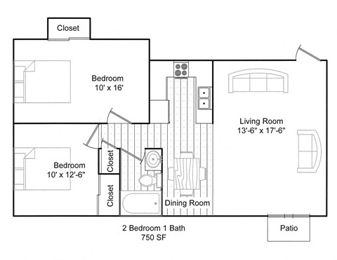 Floor plan for 2 beds, 1 bath, 750 sqft