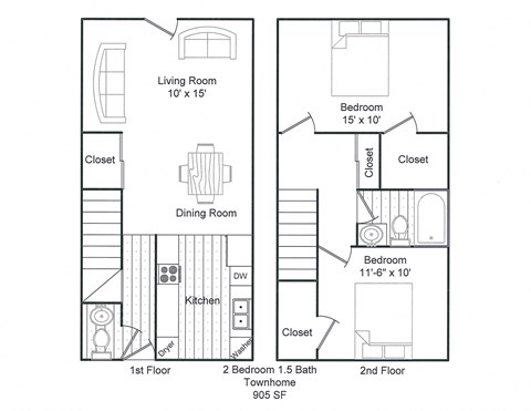 Floor plan for 2 beds, 1.5 baths, 905 sqft