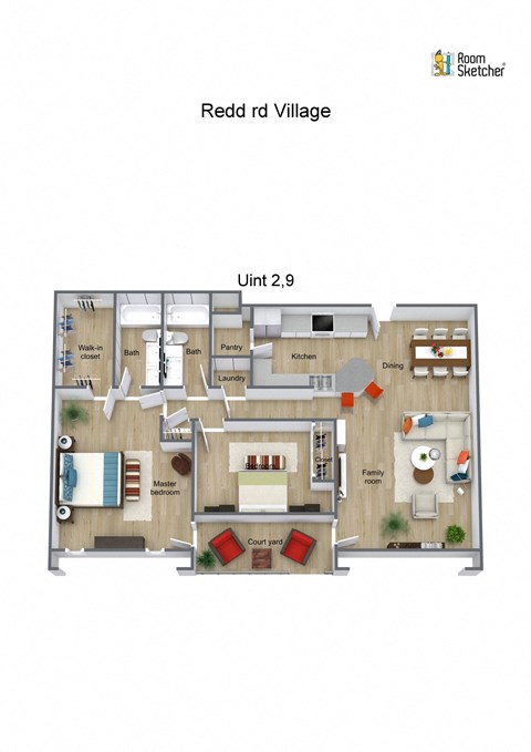 Floor plan for 2 beds, 2 baths, 1295 sqft