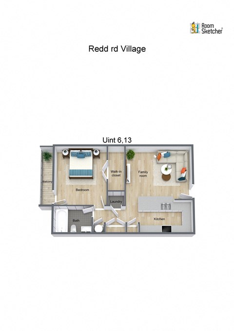 Floor plan for 1 bed, 1 bath, 626 sqft