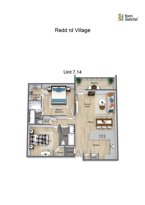 Floor plan for 2 beds, 2 baths, 1114 sqft