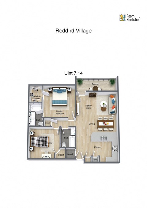 Floor plan for 2 beds, 2 baths, 1114 sqft