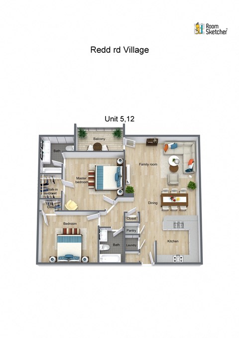 Floor plan for 2 beds, 2 baths, 1231 sqft