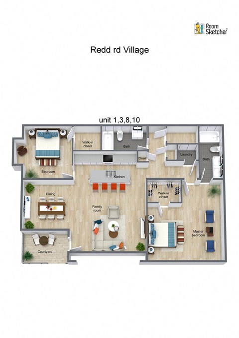 Floor plan for 2 beds, 2 baths, 1196 sqft