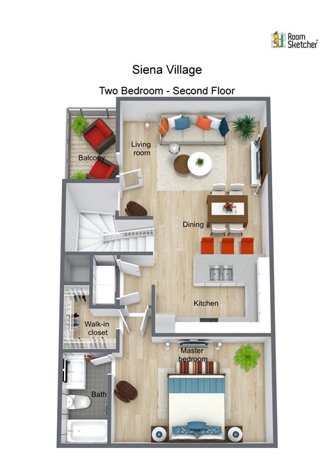 Floor plan for 2 beds, 2 baths, 1277 sqft