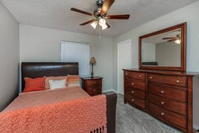 Fort Worth apartment for rent - A bedroom with a bed, dresser, and mirror.