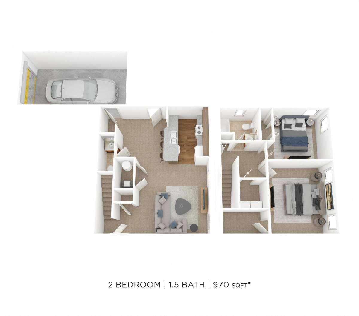 Floor plan for 2 beds, 1.5 baths, 970 sqft
