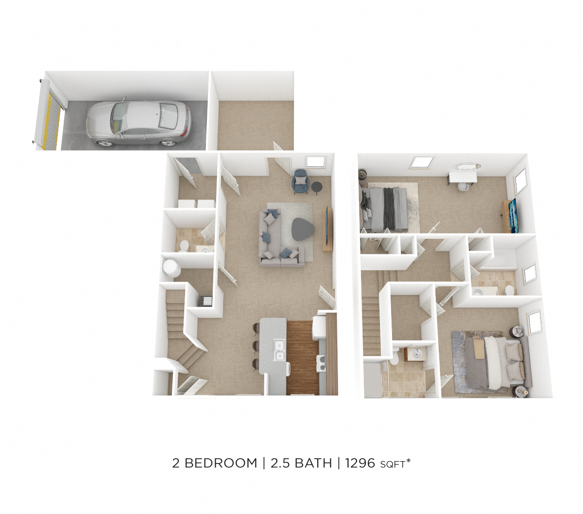 Floor plan for 2 beds, 2.5 baths, 1296 sqft