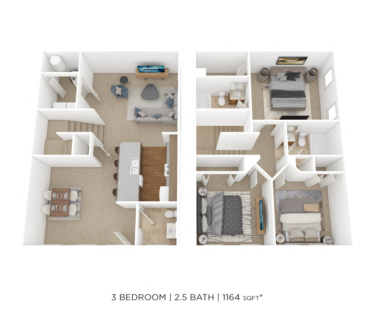 Floor plan for 2 beds, 2.5 baths, 1164 sqft