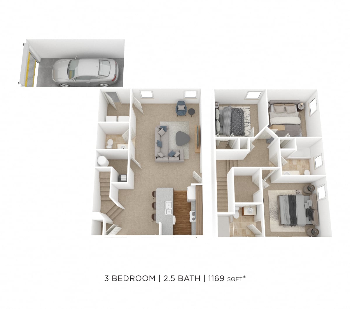 Floor plan for 3 beds, 2.5 baths, 1169 sqft