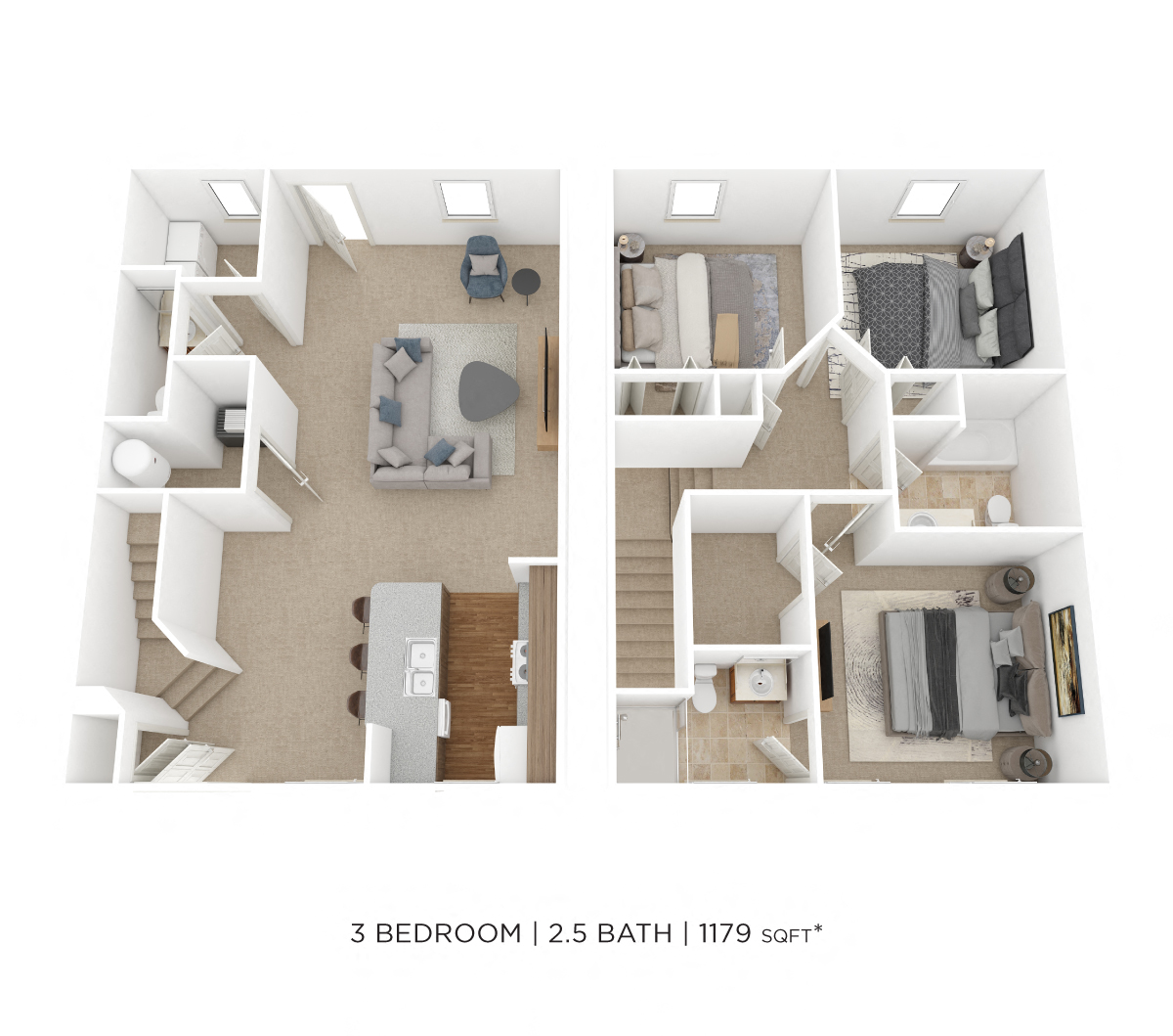 Floor plan for 3 beds, 2.5 baths, 1179 sqft