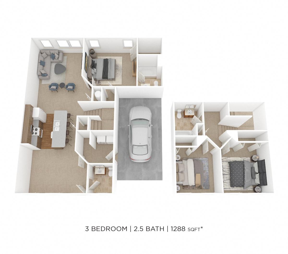 Floor plan for 2 beds, 2.5 baths, 1288 sqft