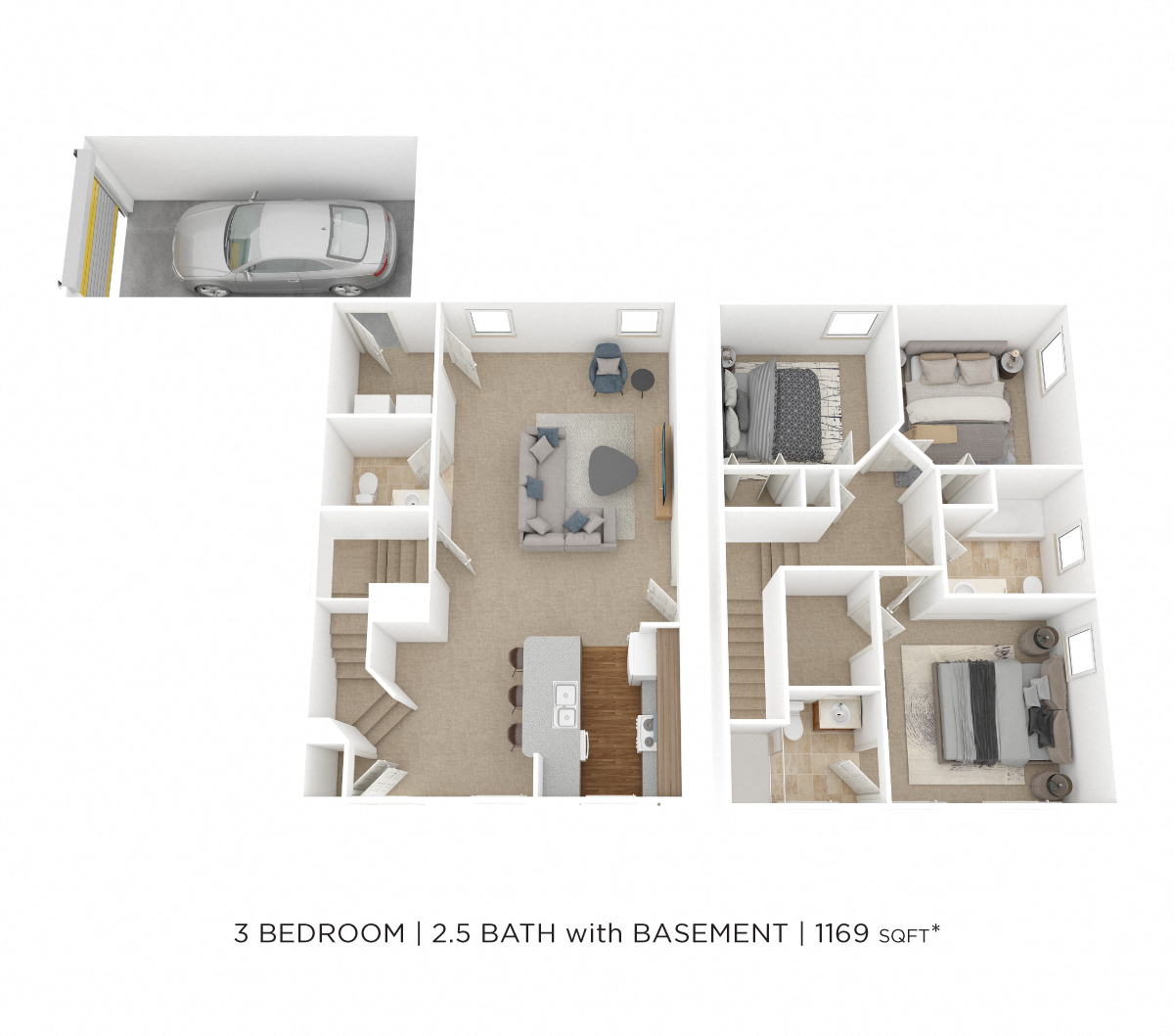 Floor plan for 3 beds, 2.5 baths, 1169 sqft