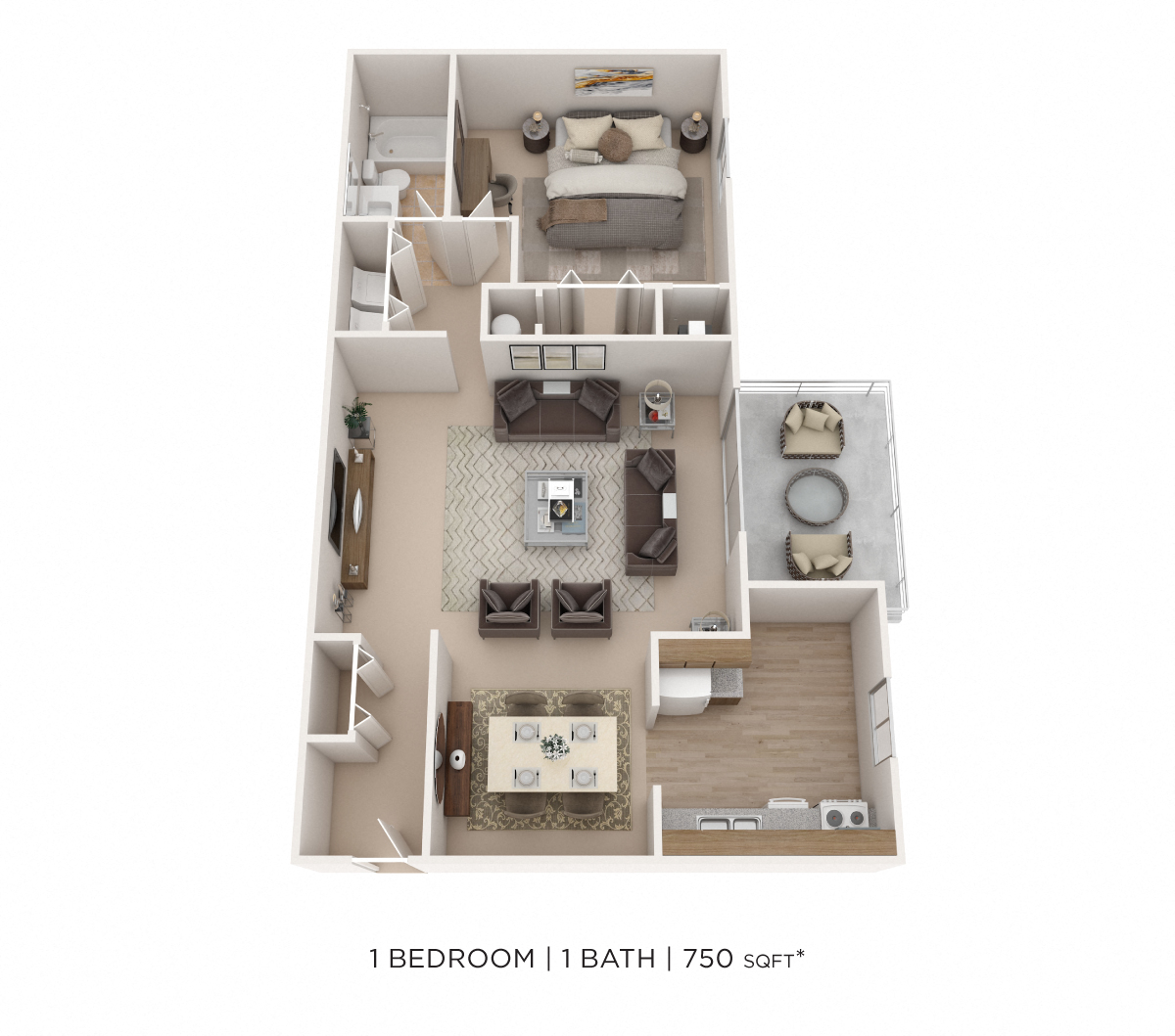 Floor plan for 1 bed, 1 bath, 750 sqft