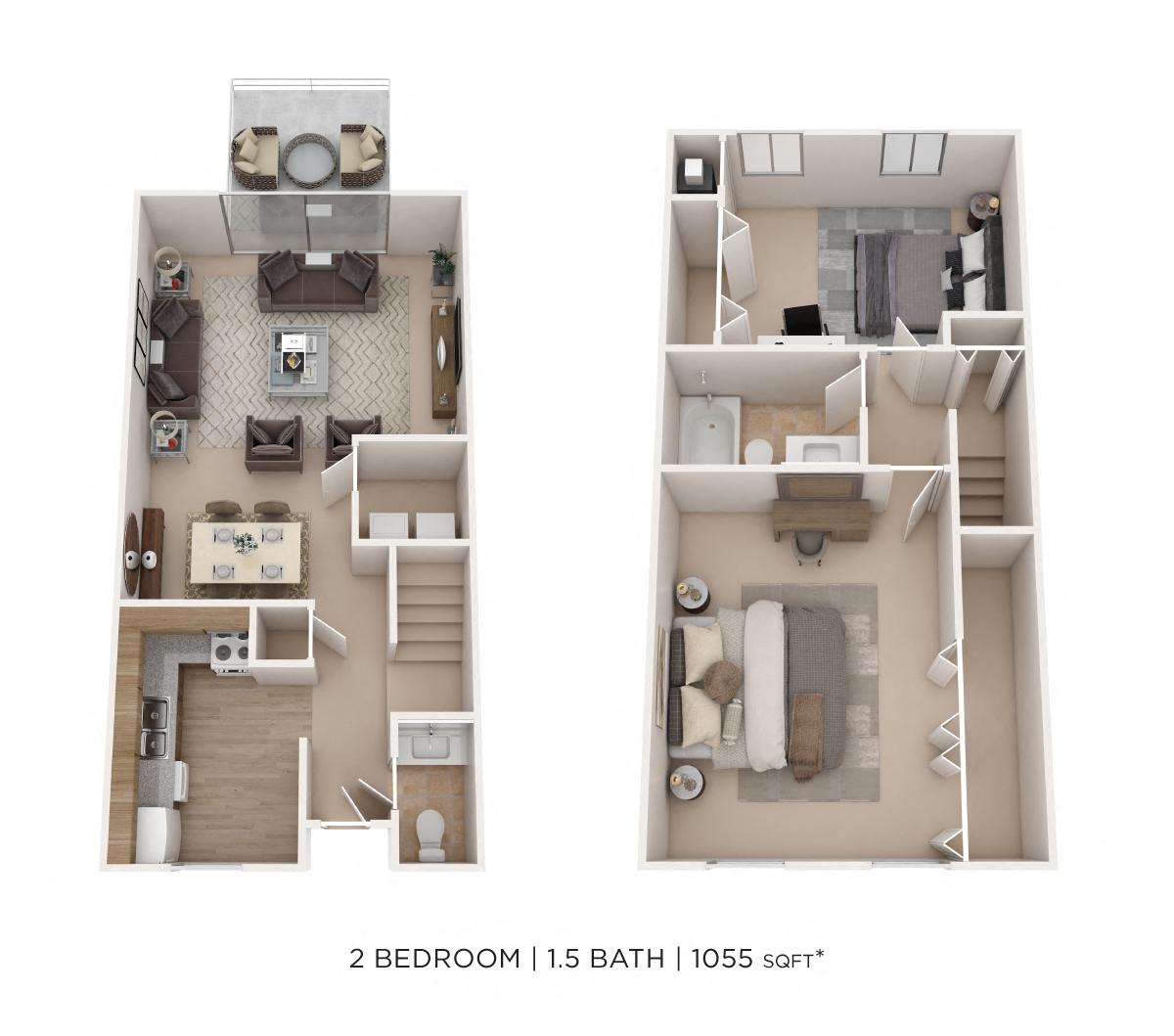 Floor plan for 2 beds, 1.5 baths, 1055 sqft