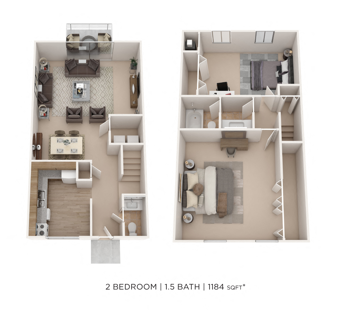 Floor plan for 2 beds, 1.5 baths, 1184 sqft