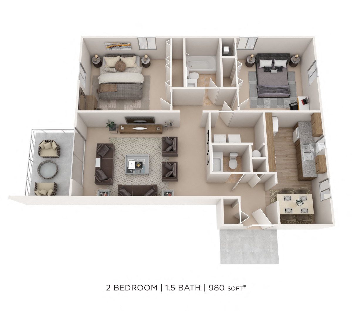 Floor plan for 2 beds, 1.5 baths, 980 sqft