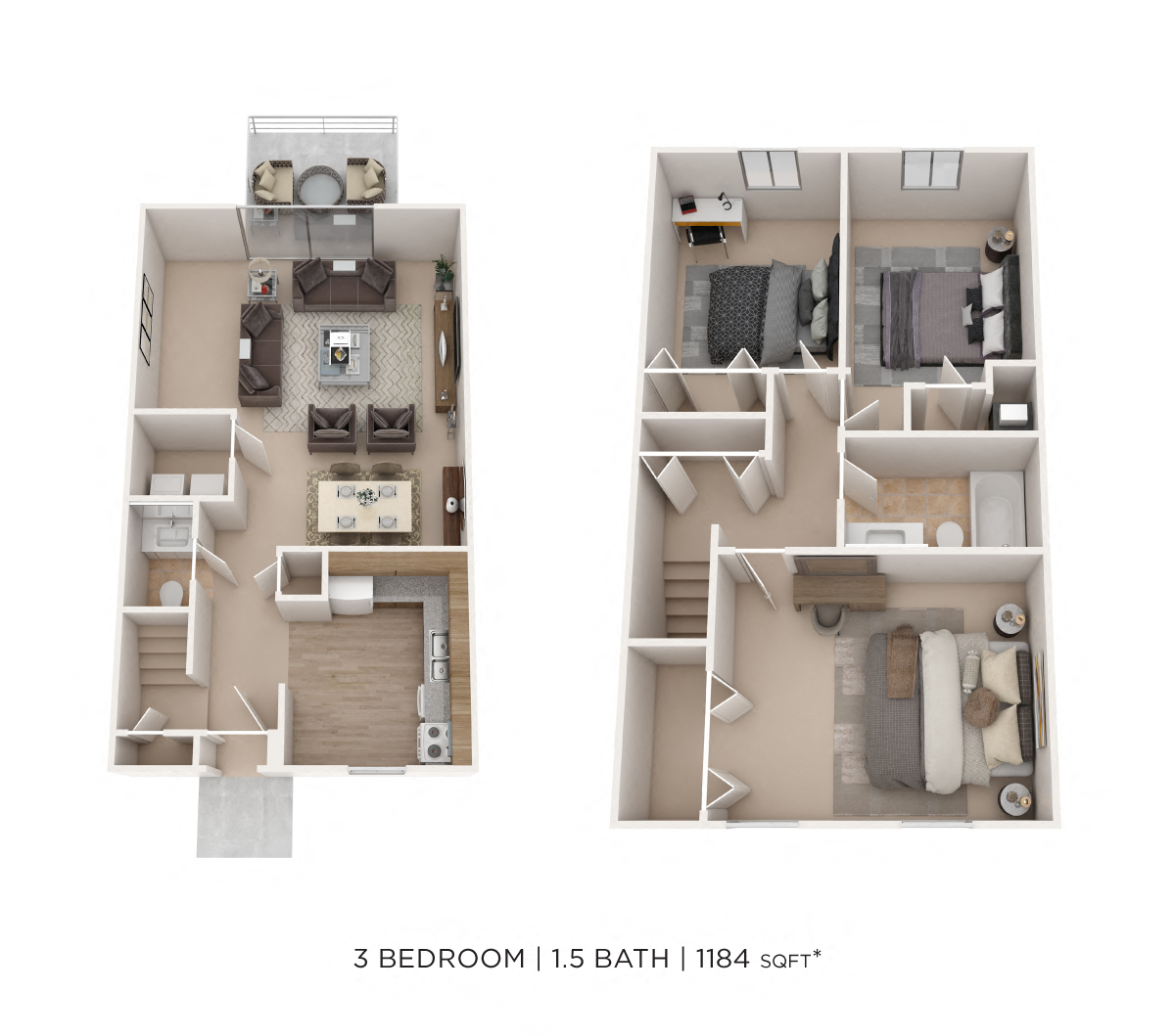 Floor plan for 3 beds, 1.5 baths, 1184 sqft