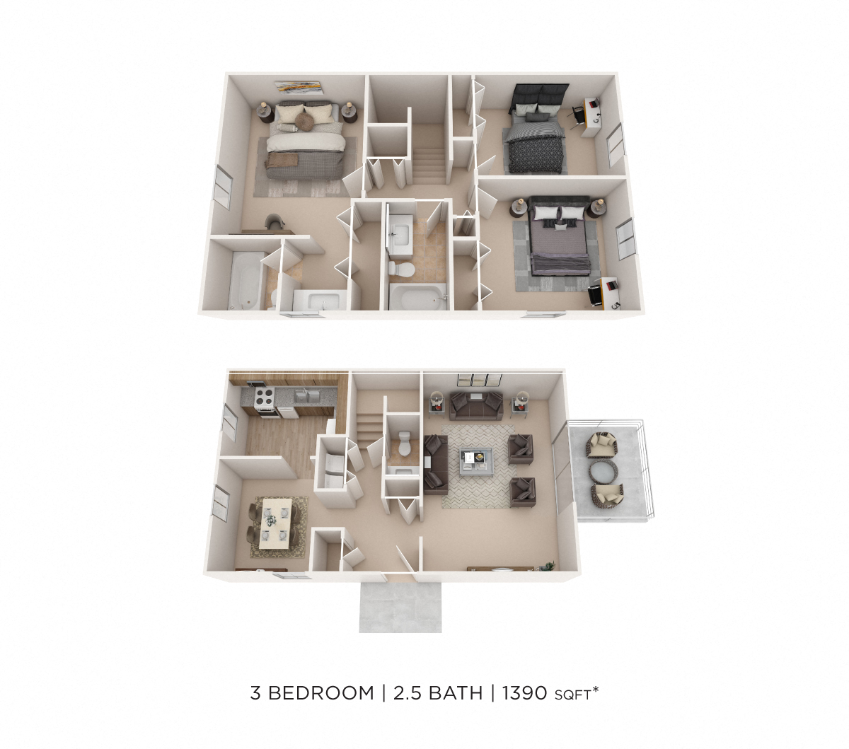 Floor plan for 3 beds, 2.5 baths, 1390 sqft