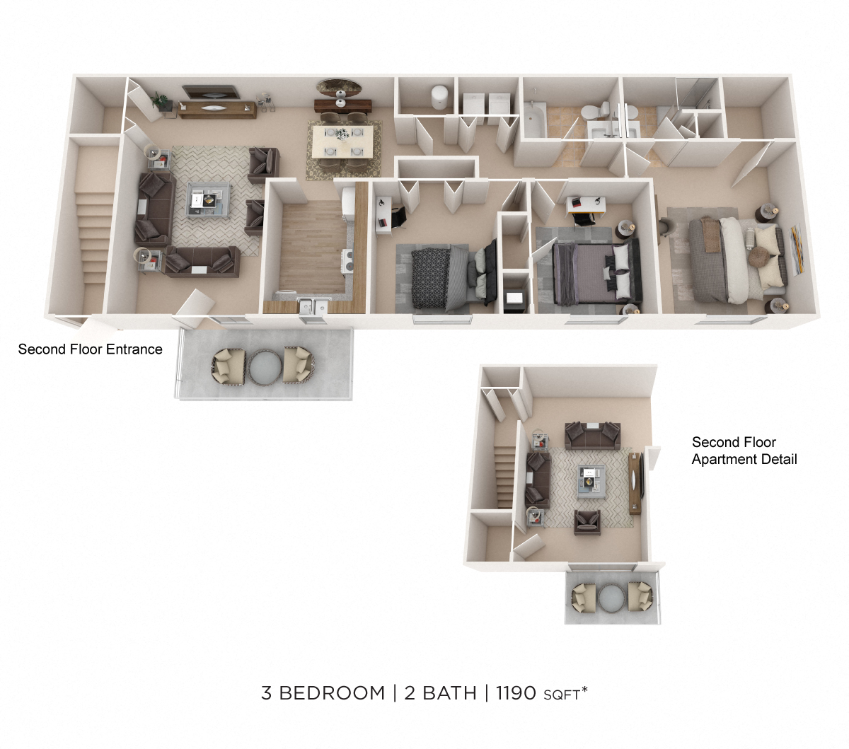 Floor plan for 3 beds, 2 baths, 1190 sqft
