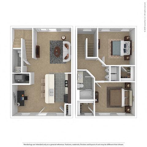 Floor plan for 2 beds, 1.5 baths, 1007 sqft