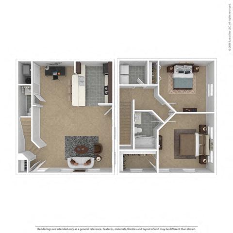 Floor plan for 2 beds, 1.5 baths, 1008 sqft