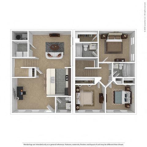 Floor plan for 3 beds, 2.5 baths, 1164 sqft