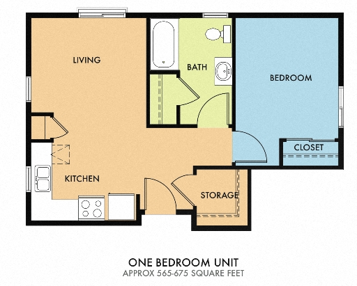 Floor plan for 1 bed, 1 bath, 675 sqft