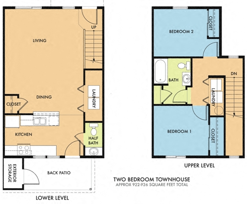 Floor plan for 2 beds, 1 bath, 926 sqft