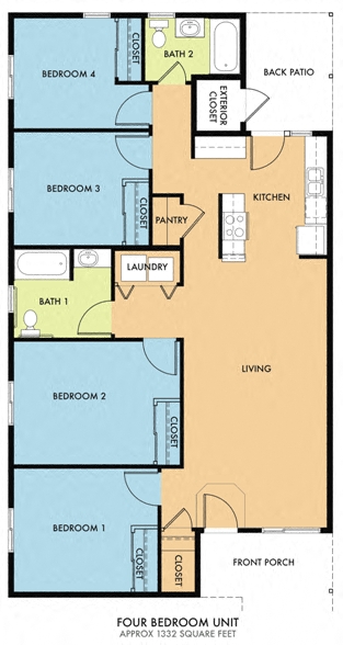 Floor plan for 4 beds, 1 bath, 1332 sqft