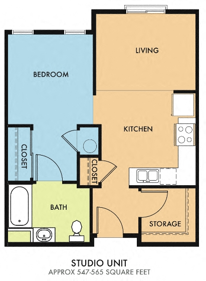 Floor plan for studio, 1 bath, 565 sqft