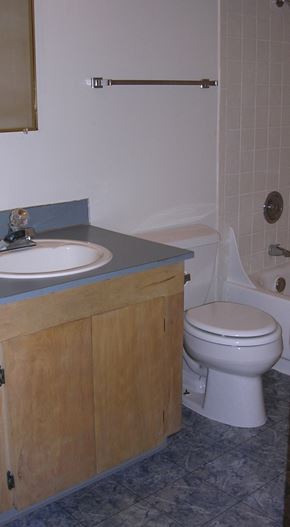 Portland apartment for rent - A white toilet sits in a bathroom next to a sink and bathtub.